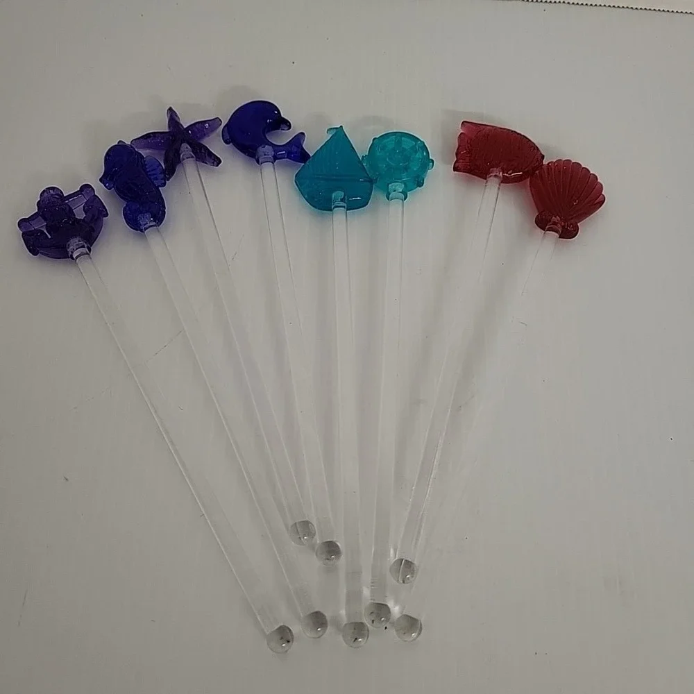 Set of 8 Drink Stirrers Swizzle Sticks Nautical And‎  Fish Colorful Vintage
